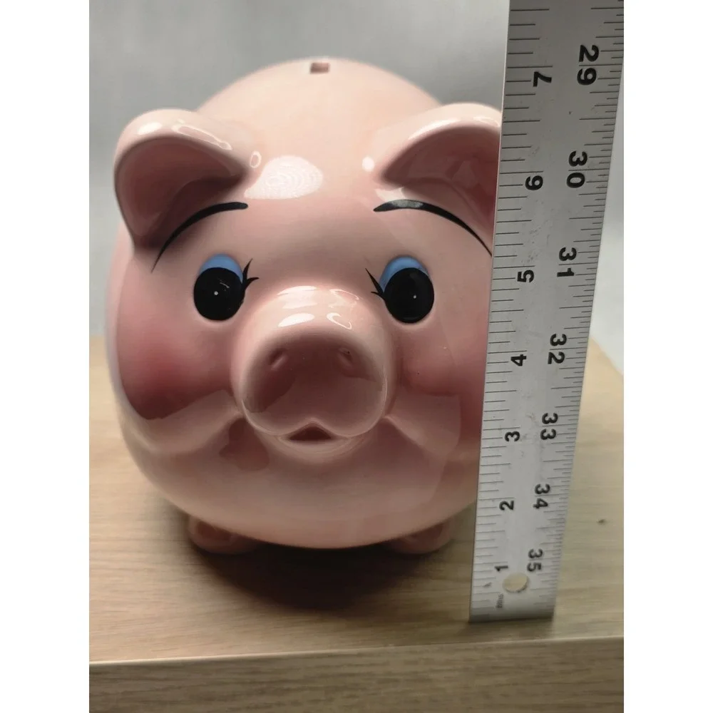 Vintage Mid Century Pottery Blush Pink Fat Belly Curly Tail Pig Piggy Bank